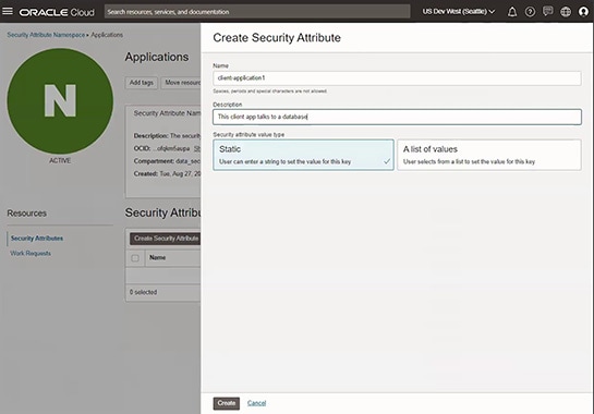 Image of Create Security Attirbute window
