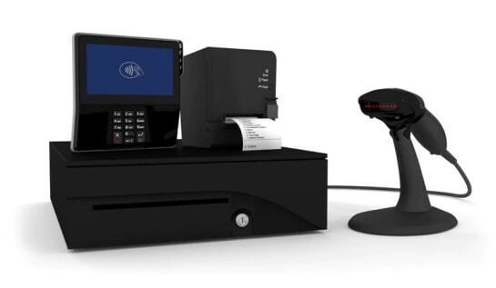طابعات الإيصالات وقارئات بطاقات الائتمان وقارئات الحافظات الهاتف المحمول والشاشات المواجهة للعملاء ومقاييس POS والماسحات الضوئية للرموز الشريطية وأدراج النقدية