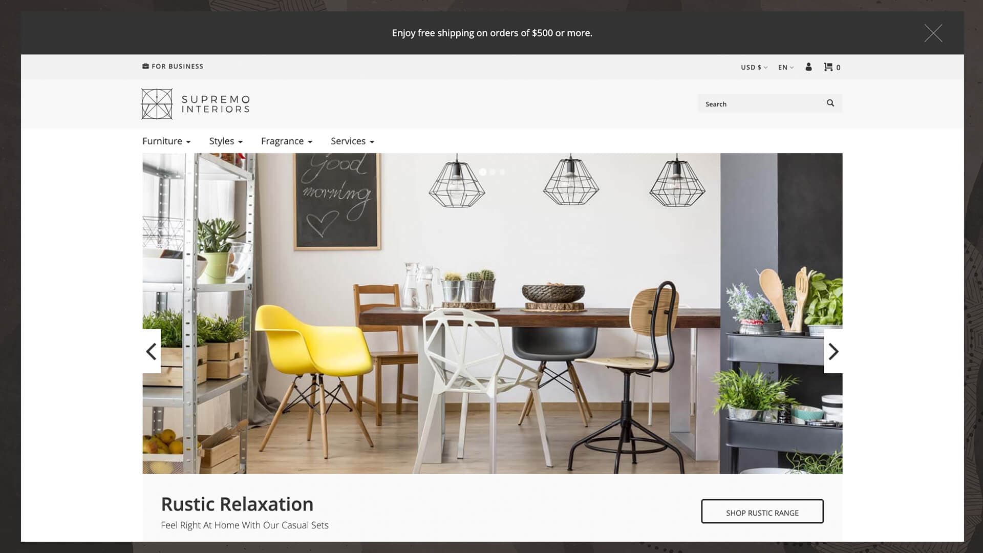 Online furniture store website screen