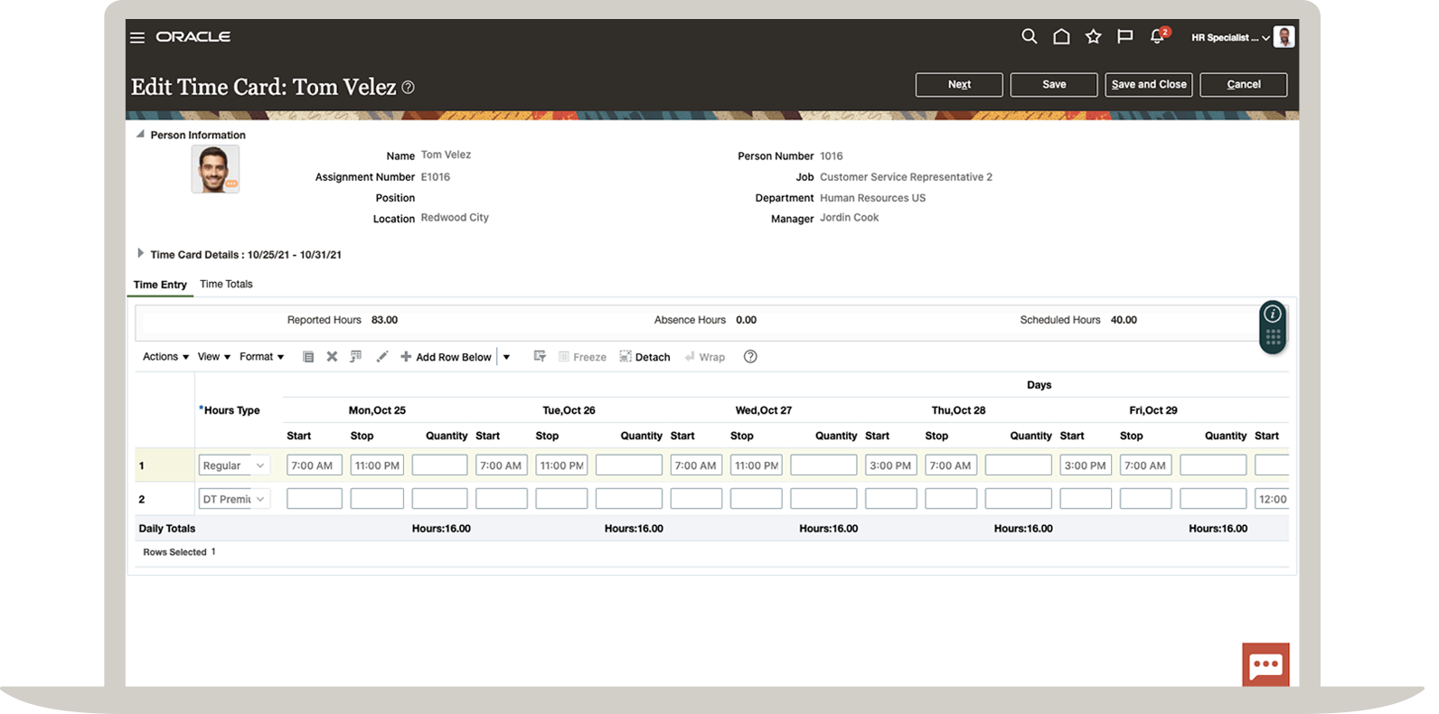 Oracle Time and Labor - بطاقة قيد الوقت البسيطة